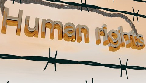 Auf lachsfarbenem Untergrund verlaufen zwei Stacheldrähte von links oben nach rechts unten. Dazwischen steht in goldenen Druckbuchstaben "Human rights"