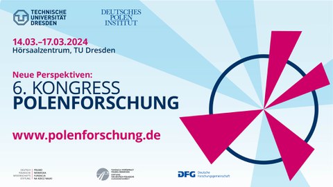 Rechts Grafik aus einem blauen Ring und hellblauen und rosa Dreiecken, die an den Spitzen verbunden sind. Rechts der Schriftzug: Neue Perspektiven: 6. Kongress Polenforschung. Darüber das Datum der Veranstaltung, darunter die Email-Adresse.