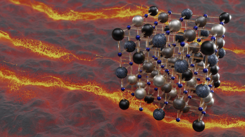 Künstlerische Darstellung eines Kristallgitters vor glühender Lava.