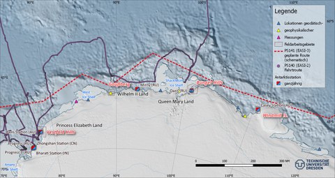 Überblickskarte eines Teils der Antarkis mit Küste und Meer. Violett eingezeichnet die Fahrtroute des Expeditionsschiffes, rot gestrichelt die geplante Route des Forschungsteams