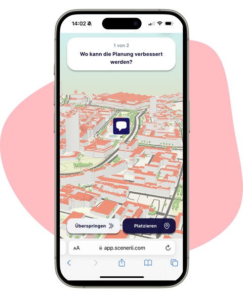 Grafik eines Handys, auf dem Display oben auf einem weißen, rechteckigen Untergrund der Schriftzug: Wo kann die Planung verbessert werden? Darunter die Grafik eines räumlichen Stadtplans