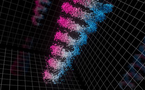 Grafische Darstellung von Elektronen, die als kleine Bälle in rosa, weiß und blau dargestellt sind und einen Wirbel bilden.