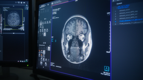 Fotoaufnahme eines Computerbildschirms, das den MRT-Scan eines menschlichen Gehirns zeigt.