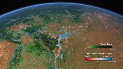 Wildfires in the southern Amazon region in 2020. Brown to green colours show the amount of dead wood that dominate fire emissions. Flaming wildfires (red colours) emit less carbon monoxide than smouldering wildfires (blue colours). 