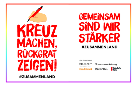 Grafik einer Hand, die einen Stift hält. Das Bild enthält zudem den Text: Kreuz machen, Rückgrat zeigen! #Zusammenland. Gemeinsam sind wir stärker.