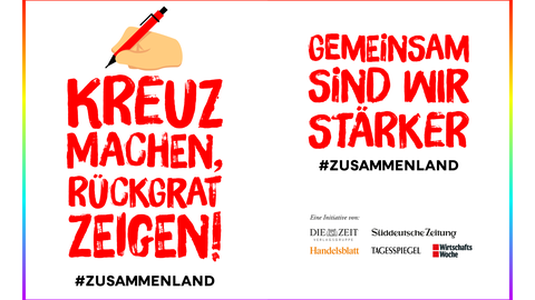 Grafik einer Hand, die einen Stift hält. Das Bild enthält zudem den Text: Kreuz machen, Rückgrat zeigen! #Zusammenland. Gemeinsam sind wir stärker.