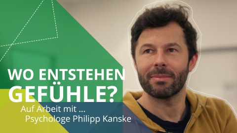 Bildcollage bestehend aus einem Porträtfoto von Prof. Philipp Kanske und Grafikelementen, die den Schriftzug "Wo entstehen Gefühle" beinhalten.