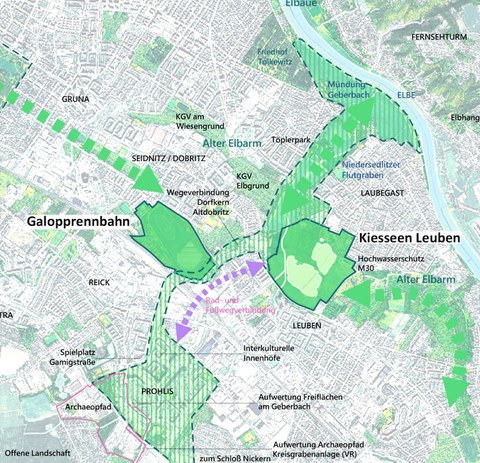 Map showing the lifeline Prohlis – horse racing track – gravel lakes Leuben
