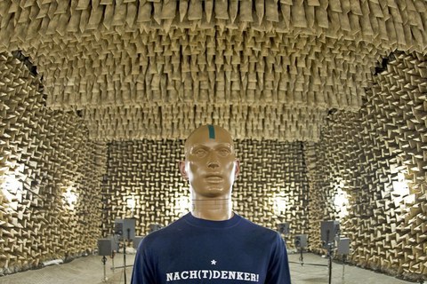 Ein Testdummy in einem golden anmutenden Raum aus 500 kleinen Lautsprechern an Wänden und Decke.