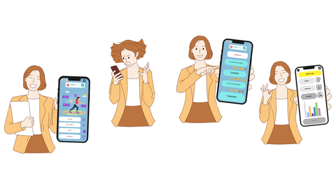 Vier Zeichnungen einer Frau, die jeweils eine Handyapp zum Thema Gesundheit bedient.