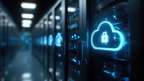 Fotoaufnahme aus dem Inneren eines Rechenzentrums. Es sind mehrere Computer-Racks abgebildet mit blau-schimmernden Wolken samt Sicherheitsschloss.
