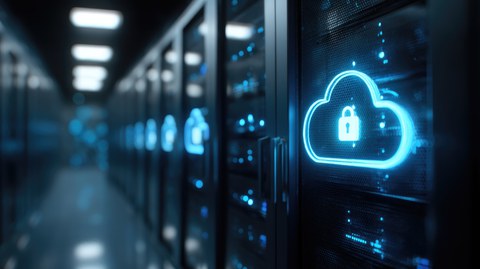 Fotoaufnahme aus dem Inneren eines Rechenzentrums. Es sind mehrere Computer-Racks abgebildet mit blau-schimmernden Wolken samt Sicherheitsschloss.