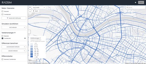 Die Abbildung zeigt die Differenzen der Verkehrsmengen des Radverkehrs in der Dresdner Innenstadt nach dem simulierten Einsturz der Carolabrücke in Dresden. 