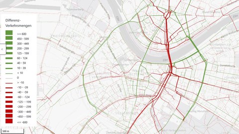 The figure shows the resulting bicycle traffic flows in downtown Dresden following the collapse of the Carola Bridge in 2024. 