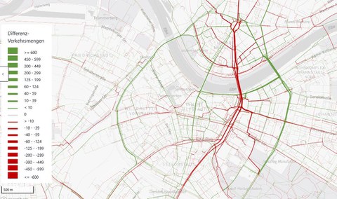 Die Abbildung zeigt die resultierenden Radverkehrsströme in der Dresdner Innenstadt nach Einsturz der Carolabrücke 2024. 