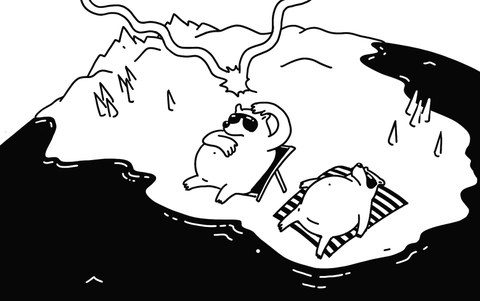 Schwarz-weiß comic: zwei Eisbären sonnen sich auf einer Eisscholle