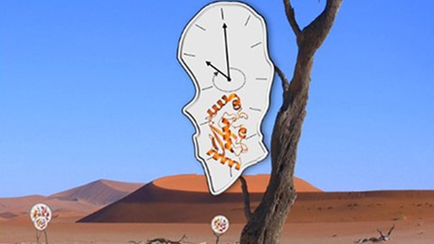 Ein knorriger, kahler Baum inmitten einer Wüstenlandschaft, daran hängen zwei schematiosche Darstellungen eines Enzyms in verzerrter Uhrenform