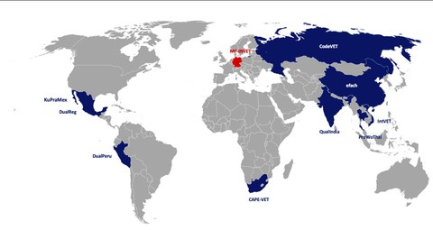 Eine Weltkarte, in die die Projektpartner von MP-INVET eingetragen sind.