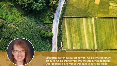 Unten links ist in einem Kreis das Foto von Frau Prof. Günther zu sehen, daneben ein Statement von ihr. Darüber ist die Luftaufnahme einer Feld- und Waldlandschaft zu sehen.