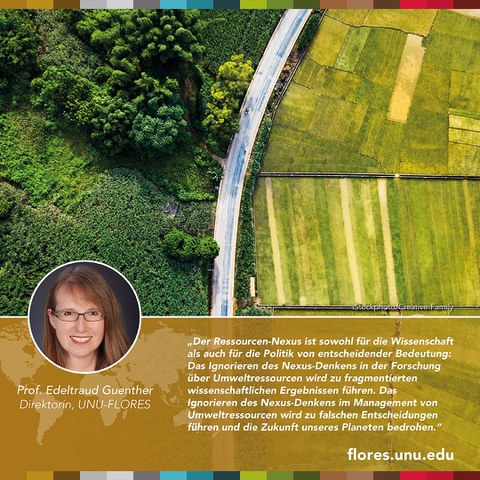 Unten links ist in einem Kreis das Foto von Frau Prof. Günther zu sehen, daneben ein Statement von ihr. Darüber ist die Luftaufnahme einer Feld- und Waldlandschaft zu sehen.