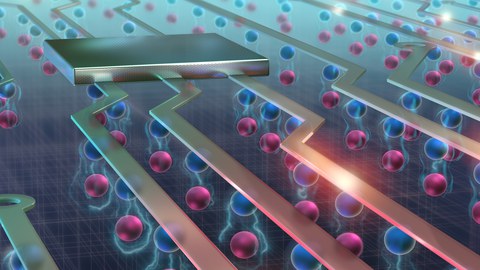 Vergrößertes Schema eines elektronischen Chips, man sieht auftreffendes Licht und unter den Leitbahnen rosa und blaue Kugeln übereinander.