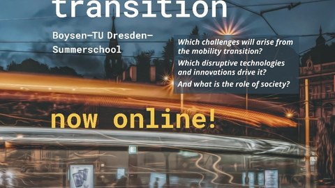 Plakat der Summer School mit der Überschrift "Mobility in transition", man sieht das Schema einer Bahn vor einer Altstadtkulisse