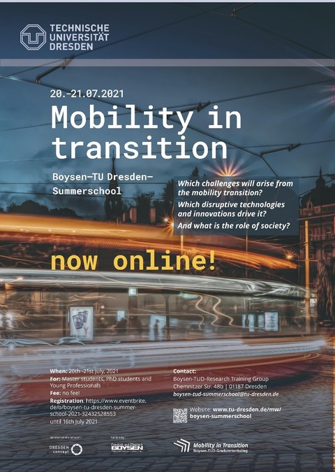 Plakat der Summer School mit der Überschrift "Mobility in transition", man sieht das Schema einer Bahn vor einer Altstadtkulisse