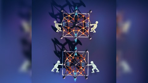 Grafik mit dunkelblauem Hintergrund. Übereinander sieht man zwei molekulare Strukturen, an denen stilisierte Männchen in verschiedene Richtungen ziehen.