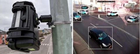 Rechts in der Collage ist eine Videokamera zu sehen, rechts von der Kamera erfasste und mit einem Viereck markierte Autos.