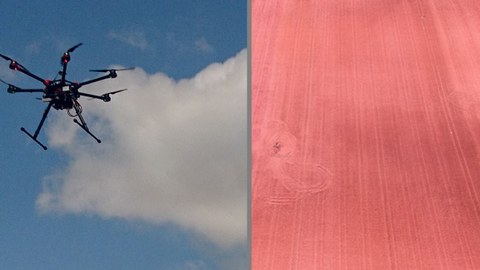 Fotocollage, links ist eine Drohne vor einem bewölkten, blauen Himmel zu sehen. Rechts ein rotes Getreidefeld von oben.