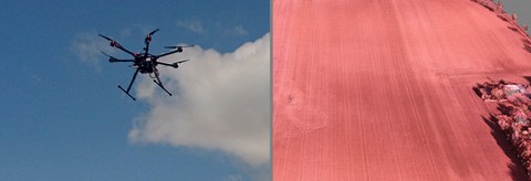 Fotocollage, links ist eine Drohne vor einem bewölkten, blauen Himmel zu sehen. Rechts ein rotes Getreidefeld von oben.
