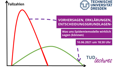 Diagramm, die y-Achse ist mit "Fallzahlen" beschriftet, die x-Achse mit "Zeit", dazwischen ein roter und ein grüner Graph