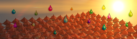 Den Hintergrund bildet ein Himmel in gelb-orange, rechts leuchtet die Sonne. Davor sind orangefarbene kleine Pyramiden zu einem Rechteck angeordnet auf die bunte Tropfen fallen.