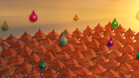 Den Hintergrund bildet ein Himmel in gelb-orange, rechts leuchtet die Sonne. Davor sind orangefarbene kleine Pyramiden zu einem Rechteck angeordnet auf die bunte Tropfen fallen.