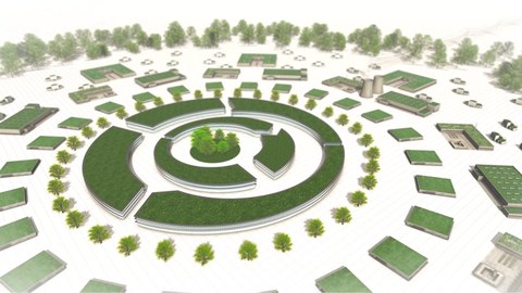 Stilisierte Gebäude in grün, gemeinsam mit Bäumen in mehreren Kreisen auf weißem Untergrund angeordnet.