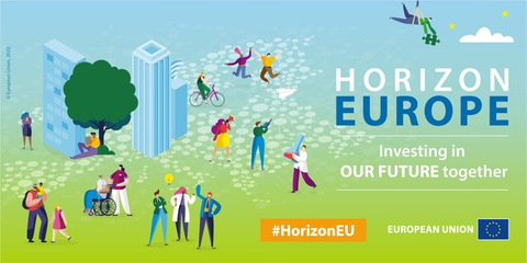 Vor vorn grünem übergehend in einen blauen Hintergrund befinden sich gezeichnete Menschen aller Größen und Geschlechter. Mitten im Bild sind Hochhäuser und ein Baum zu sehen. Rechts steht Horizon Europe, darunter Investing in our Futur together.