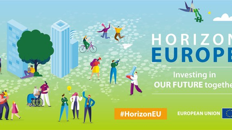 Vor vorn grünem übergehend in einen blauen Hintergrund befinden sich gezeichnete Menschen aller Größen und Geschlechter. Mitten im Bild sind Hochhäuser und ein Baum zu sehen. Rechts steht Horizon Europe, darunter Investing in our Futur together.