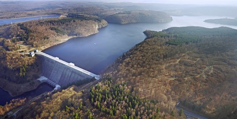 Foto einer Talsperre mit bewaldeten Ufern.