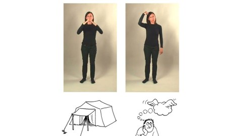 Eine junge Frau in schwarzer Kleidung zeigt auf zwei nebeneinanderstehenden Fotos die Gesten für Zelt und Gedanke