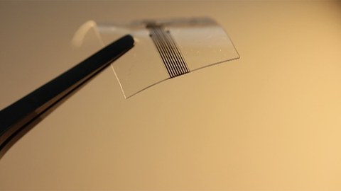 Foto eines 3-D gedruckten Implantats, von einer Pinzette gehalten.