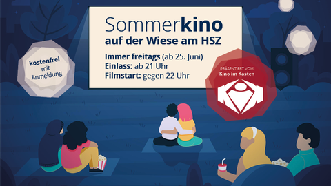 Grafik: Vor einer Kinoleinwand mit der Aufschrift "Sommerkino auf der Wiese am HSZ" sitzen gemalte Figuren. Im Hintergrund ein Nachthimmel