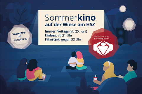 Grafik: Vor einer Kinoleinwand mit der Aufschrift "Sommerkino auf der Wiese am HSZ" sitzen gemalte Figuren. Im Hintergrund ein Nachthimmel