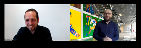 Collage aus den Porträtfotos zweier Referenten, links vor einer weißen Wand, rechts im Hörsaalzentrum der TUD.