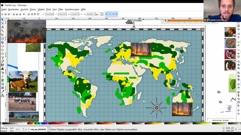 Eine Weltkarte mit gelb-grünen Markierungen auf blauem Netz, ringsherum sind Bilder von Nutztieren, Nahrungsmitteln verteilt. 