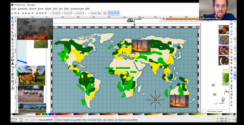 Eine Weltkarte mit gelb-grünen Markierungen auf blauem Netz, ringsherum sind Bilder von Nutztieren, Nahrungsmitteln verteilt. 