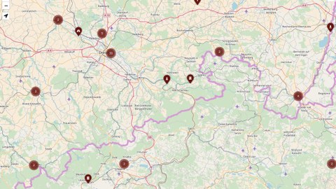 Karte von Sachsen und Böhmen mit runden Markierungen