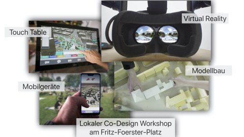 Es sind von links oben nach links unten im Uhrzeigersinn ein Tablett, eine Virtual Reality Brille, ein Architekturmodell und ein Handy zu sehen, auf den Displays jeweils Modelle des Fritz Foerster Platzes