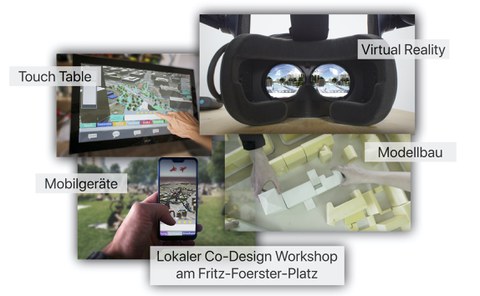 Es sind von links oben nach links unten im Uhrzeigersinn ein Tablett, eine Virtual Reality Brille, ein Architekturmodell und ein Handy zu sehen, auf den Displays jeweils Modelle des Fritz Foerster Platzes