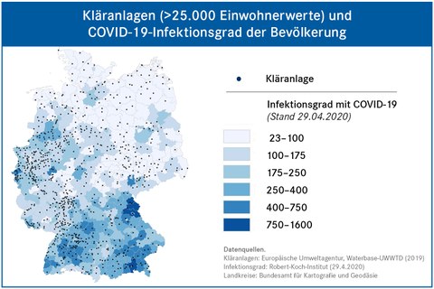 Eine Deutschlandkarte, auf der in Blautönen die Verteilung von Corona-Erregern im Abwasser darstellt.