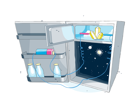 Zeichnung eines geöffneten Kühlschrankes. Im rechten Teil ist der Sternenhimmel und 3 verkabelte Kristalle zu sehen, links führen die Kabel zu einer runden Batterie, darunter stehen Milchflaschen.
